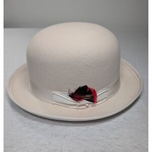 Vintage Ivory Wool Bowler Derby Hat USA DeLuxe Quality Feather Accent Large